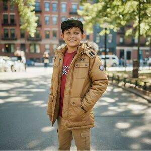 DKNY Boys' Brown Faux Fur Trim Hooded Winter Parka - L